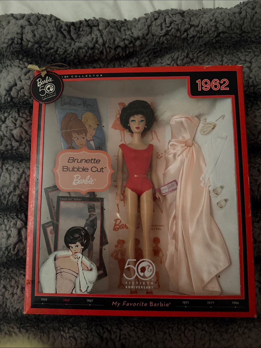 Barbie Brunette Bubble Cut Doll in Red Swimsuit with Pink Gown - Barbie 1962